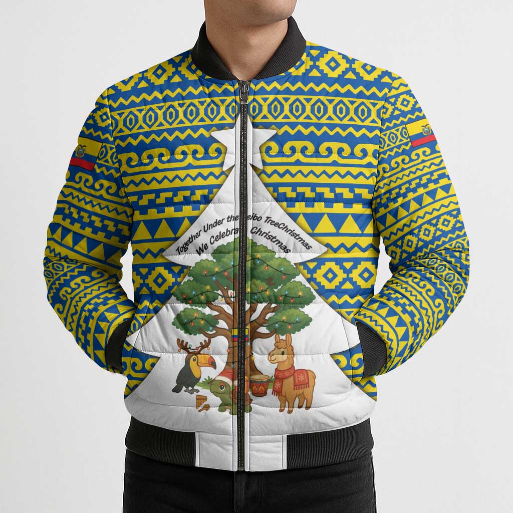 Ecuador Christmas Bomber Puffer Jacket with Ceibo Tree Llama Toucan and Traditional Yellow Blue Pattern Design - Wonder Print Shop