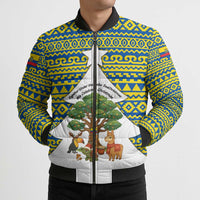 Ecuador Christmas Bomber Puffer Jacket with Ceibo Tree Llama Toucan and Traditional Yellow Blue Pattern Design - Wonder Print Shop
