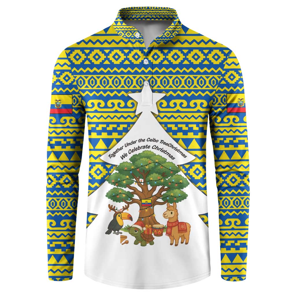 Ecuador Christmas Button Sweatshirt with Ceibo Tree Llama Toucan and Traditional Yellow Blue Pattern Design - Wonder Print Shop