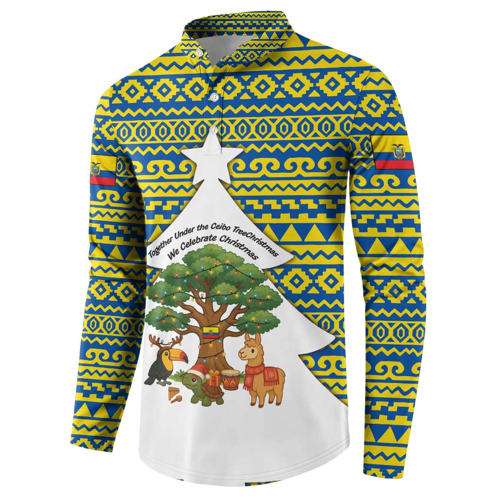 Ecuador Christmas Button Sweatshirt with Ceibo Tree Llama Toucan and Traditional Yellow Blue Pattern Design - Wonder Print Shop