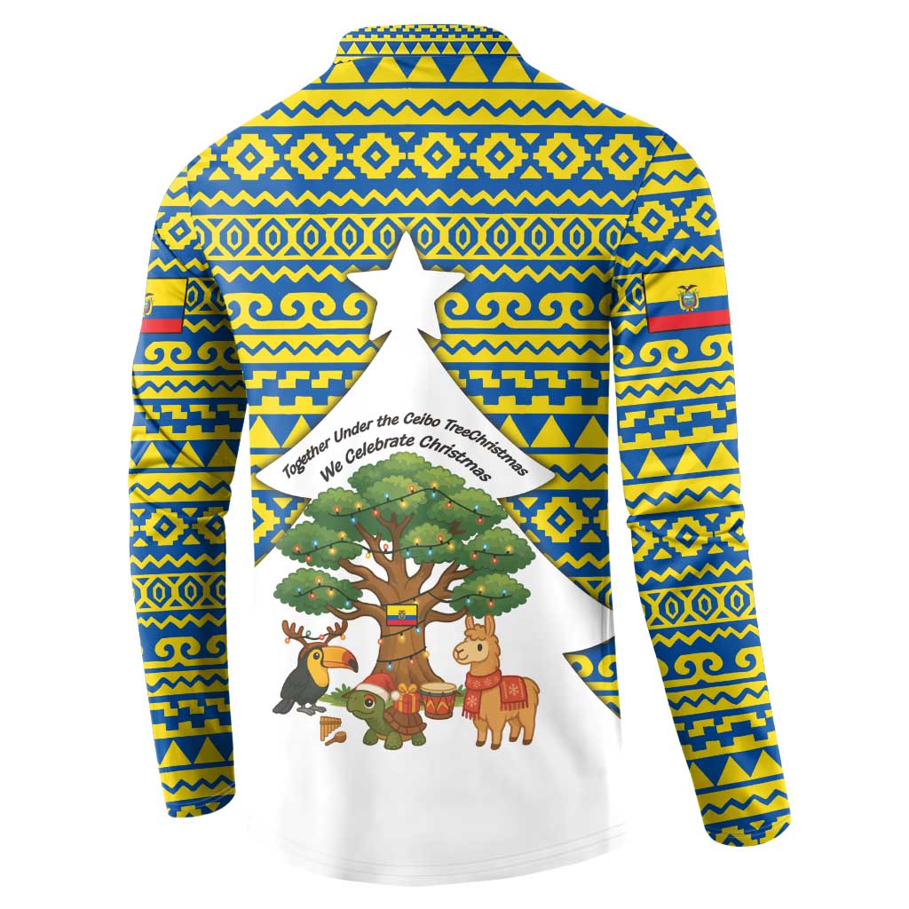 Ecuador Christmas Button Sweatshirt with Ceibo Tree Llama Toucan and Traditional Yellow Blue Pattern Design - Wonder Print Shop