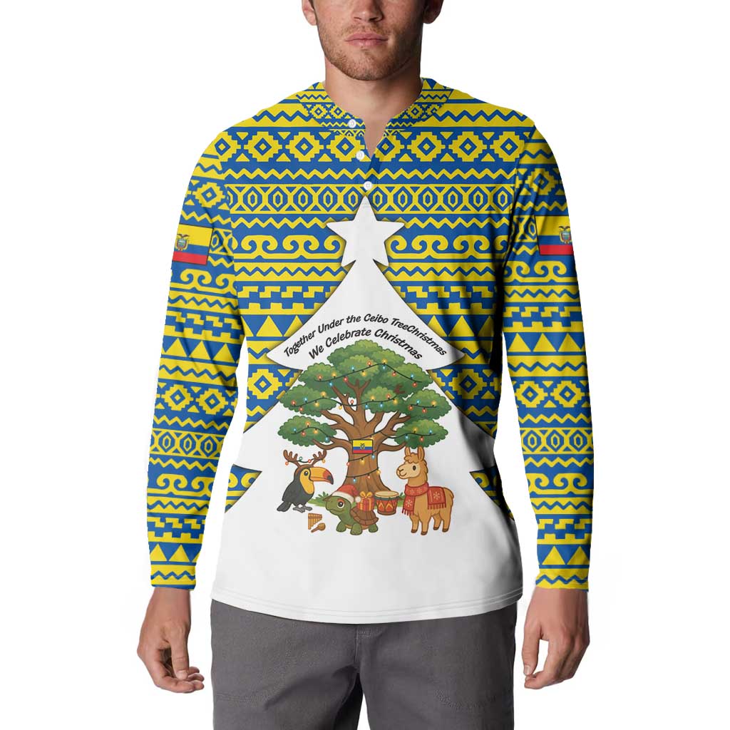 Ecuador Christmas Button Sweatshirt with Ceibo Tree Llama Toucan and Traditional Yellow Blue Pattern Design - Wonder Print Shop