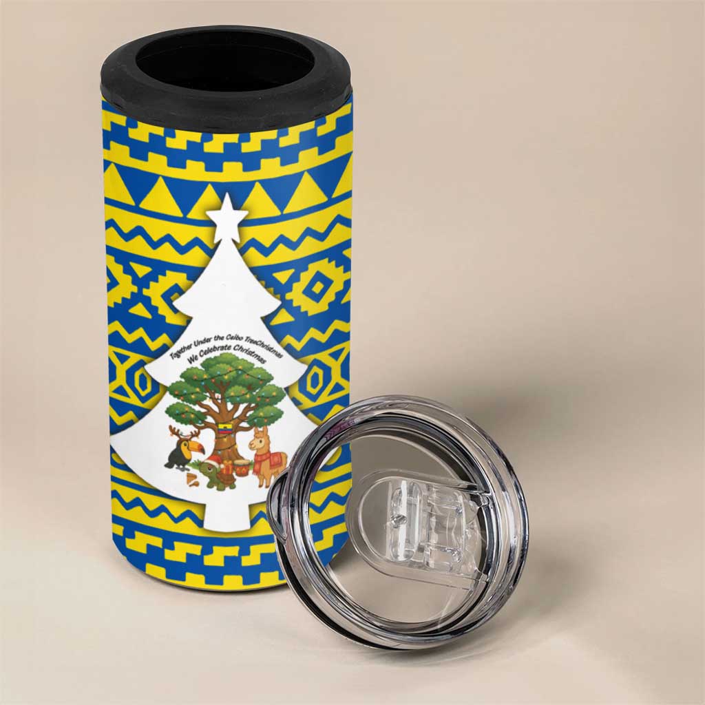 Ecuador Christmas 4 in 1 Can Cooler Tumbler with Ceibo Tree Llama Toucan and Traditional Yellow Blue Pattern Design - Wonder Print Shop