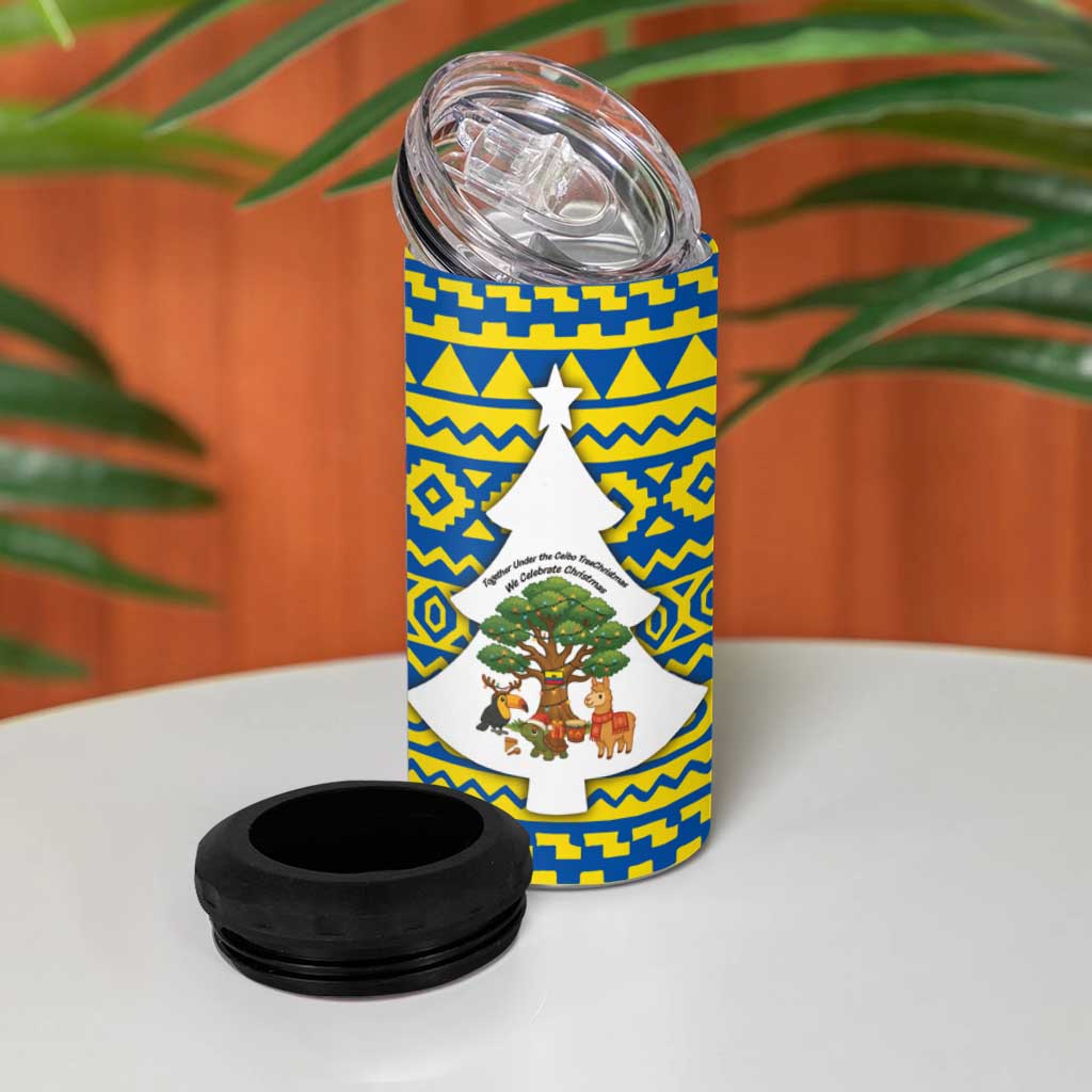 Ecuador Christmas 4 in 1 Can Cooler Tumbler with Ceibo Tree Llama Toucan and Traditional Yellow Blue Pattern Design - Wonder Print Shop