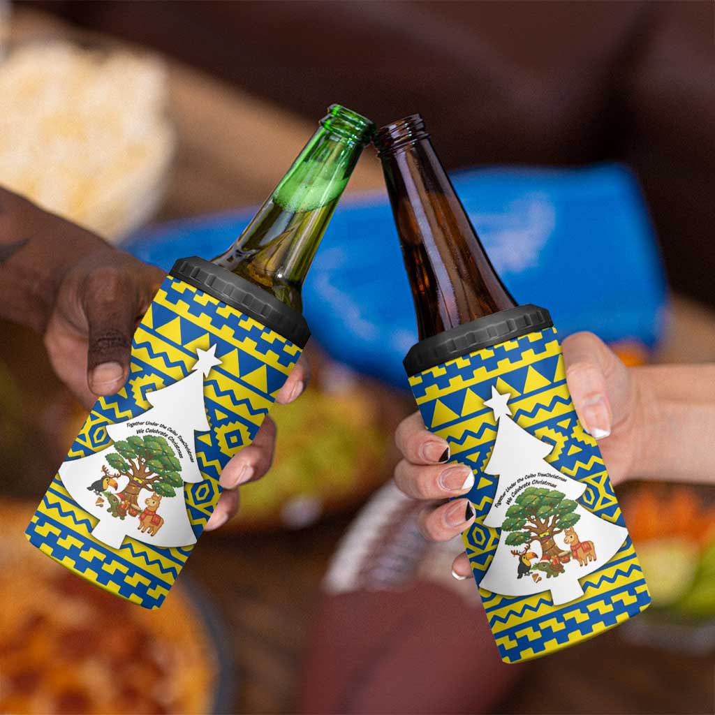 Ecuador Christmas 4 in 1 Can Cooler Tumbler with Ceibo Tree Llama Toucan and Traditional Yellow Blue Pattern Design - Wonder Print Shop