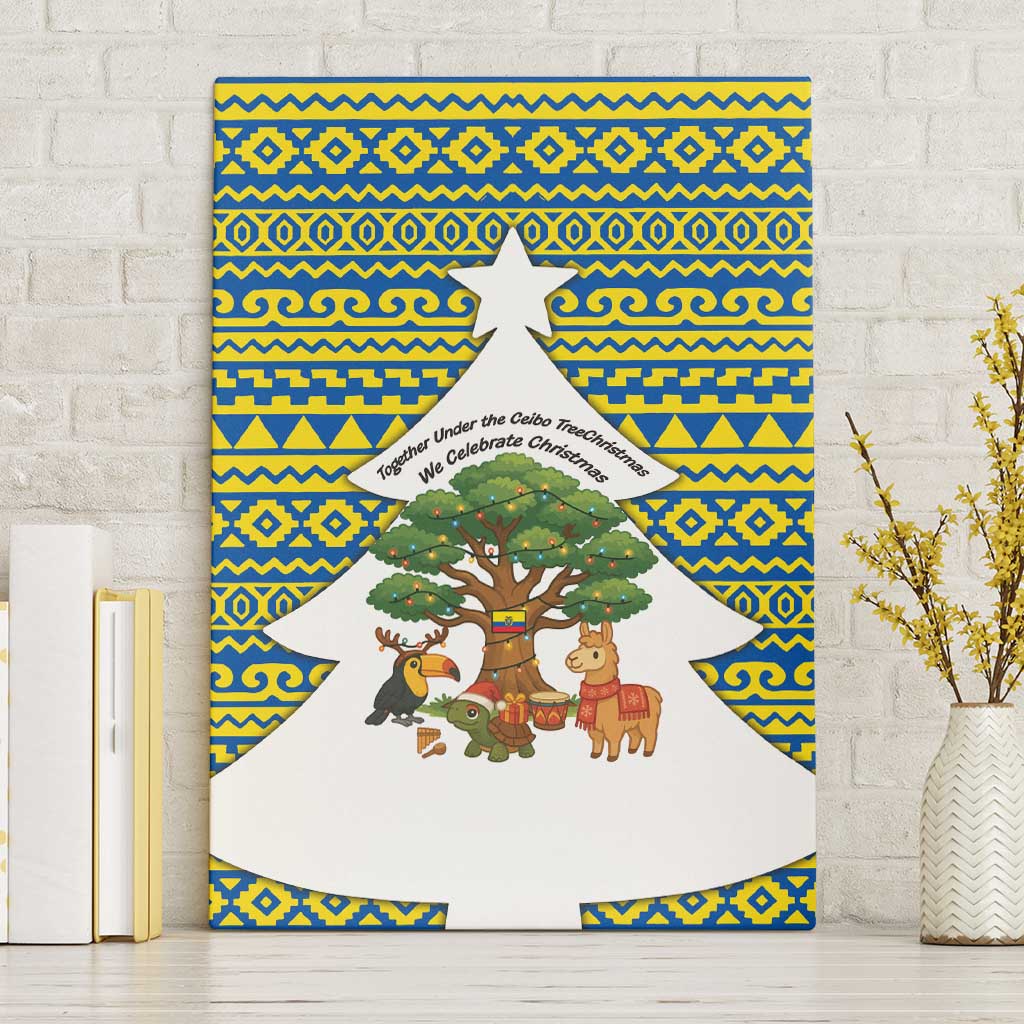 Ecuador Christmas Canvas Wall Art with Ceibo Tree Llama Toucan and Traditional Yellow Blue Pattern Design - Wonder Print Shop