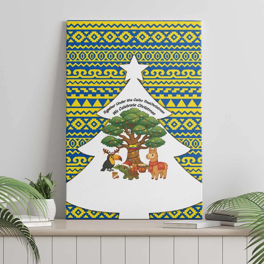 Ecuador Christmas Canvas Wall Art with Ceibo Tree Llama Toucan and Traditional Yellow Blue Pattern Design - Wonder Print Shop