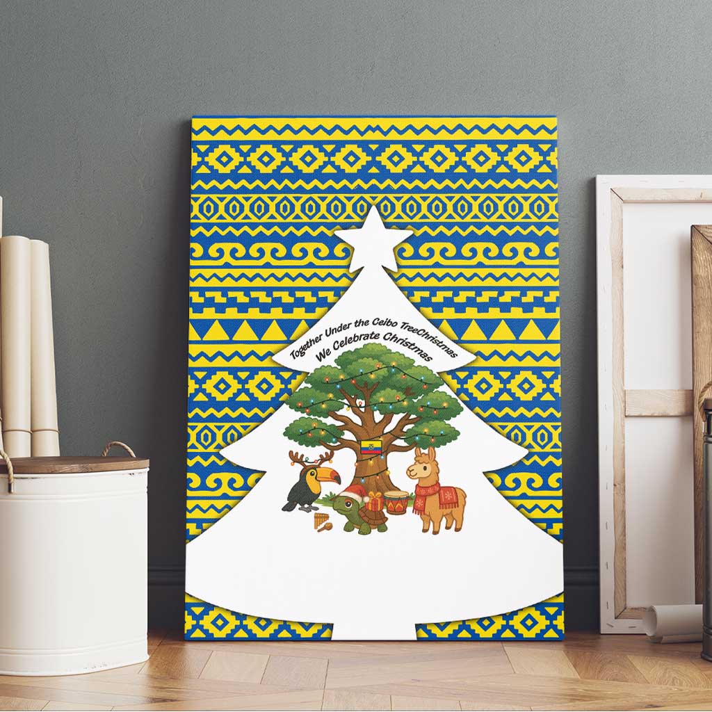 Ecuador Christmas Canvas Wall Art with Ceibo Tree Llama Toucan and Traditional Yellow Blue Pattern Design - Wonder Print Shop