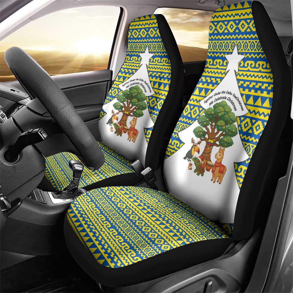 Ecuador Christmas Car Seat Cover with Ceibo Tree Llama Toucan and Traditional Yellow Blue Pattern Design - Wonder Print Shop