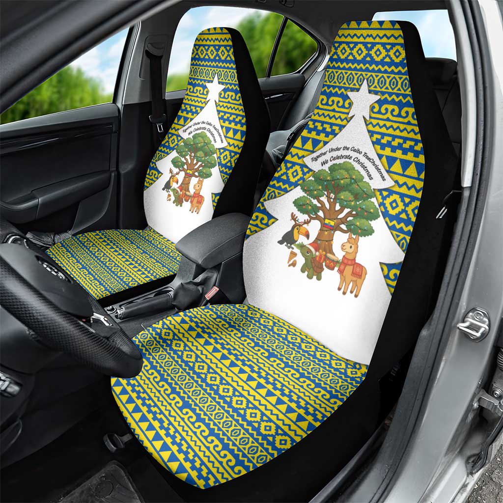 Ecuador Christmas Car Seat Cover with Ceibo Tree Llama Toucan and Traditional Yellow Blue Pattern Design - Wonder Print Shop