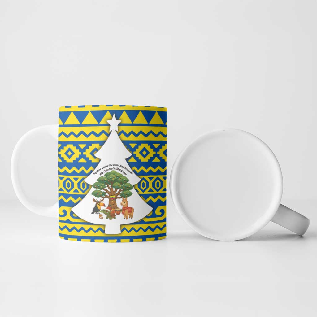 Ecuador Christmas Ceramic Mug with Ceibo Tree Llama Toucan and Traditional Yellow Blue Pattern Design - Wonder Print Shop