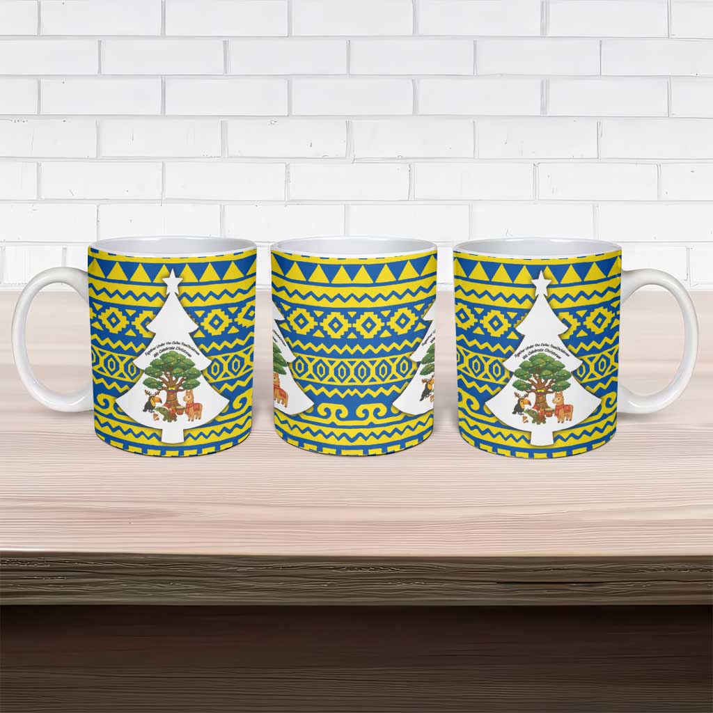 Ecuador Christmas Ceramic Mug with Ceibo Tree Llama Toucan and Traditional Yellow Blue Pattern Design - Wonder Print Shop