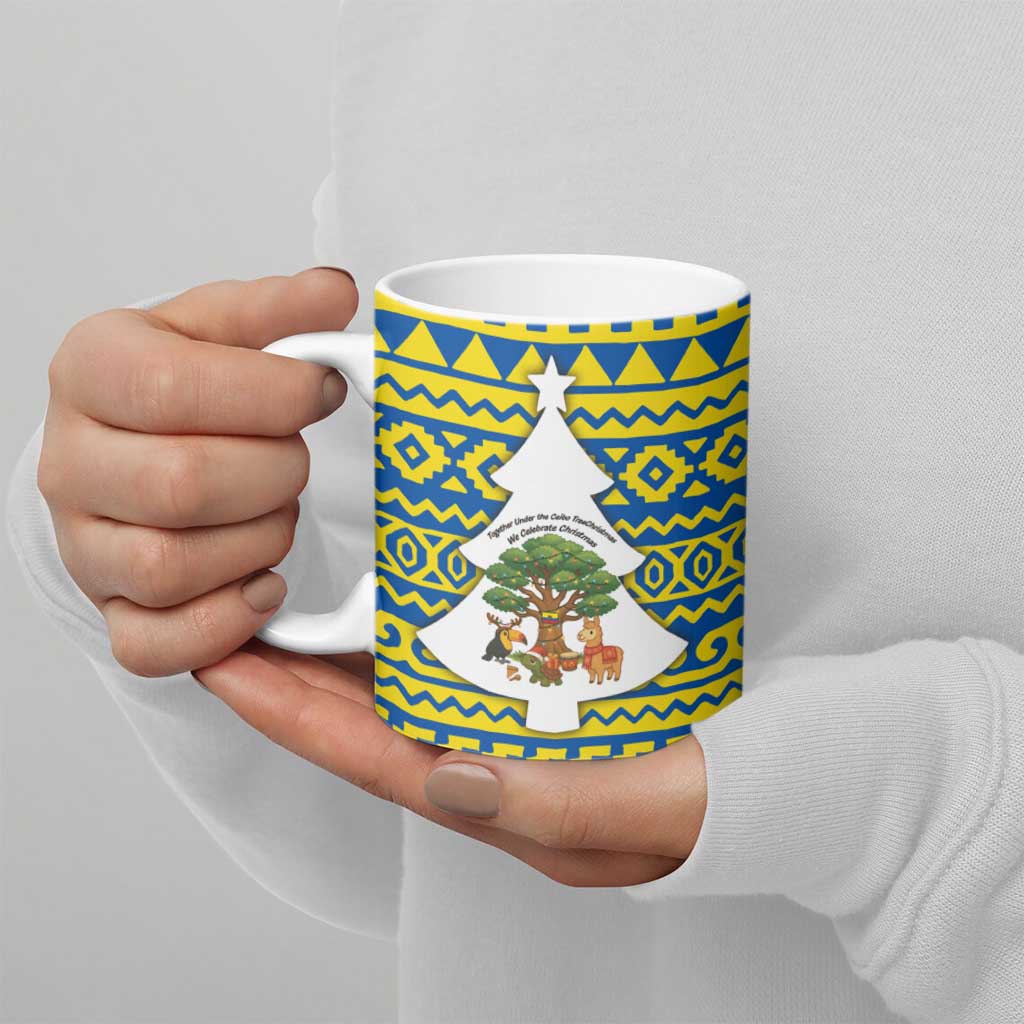 Ecuador Christmas Ceramic Mug with Ceibo Tree Llama Toucan and Traditional Yellow Blue Pattern Design - Wonder Print Shop