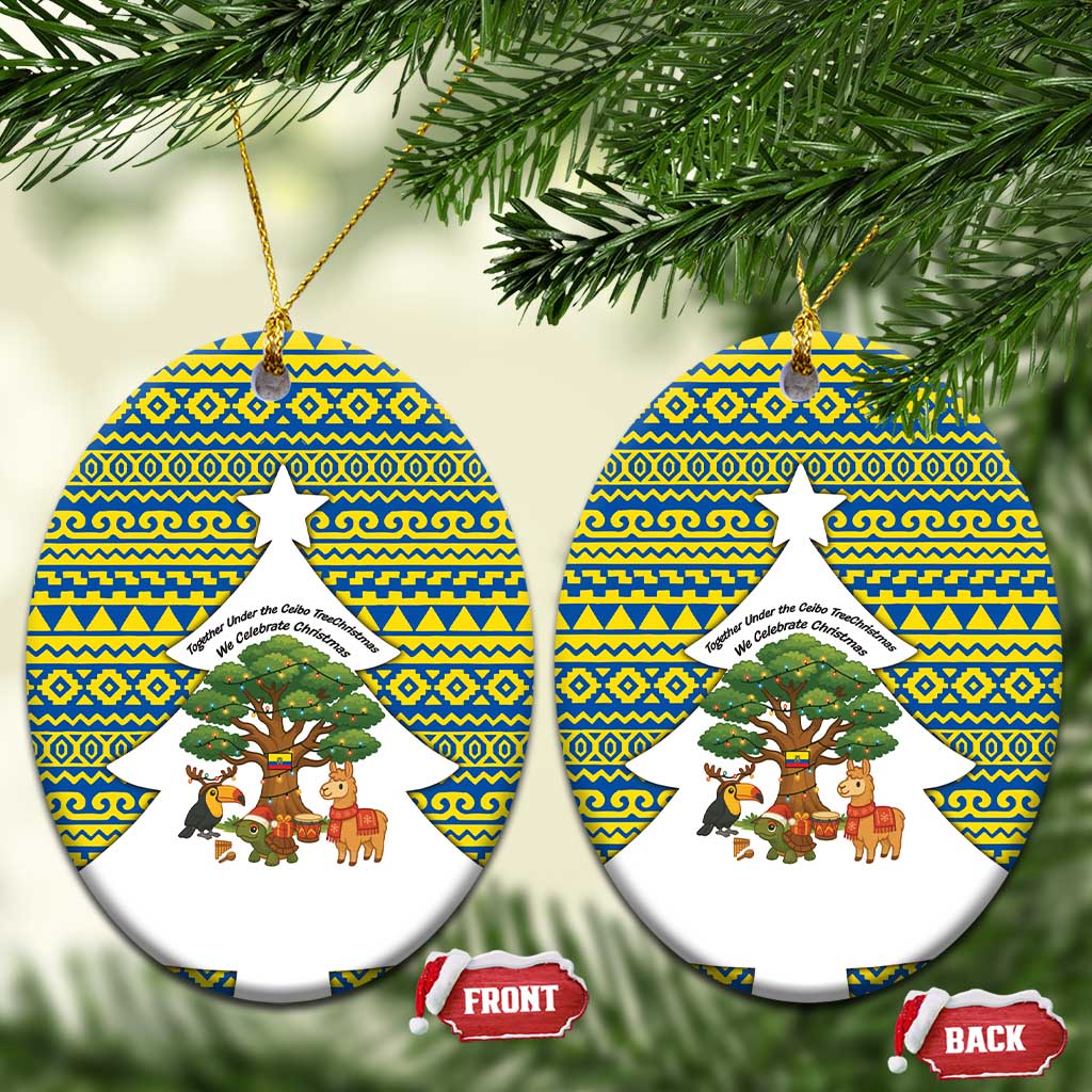 Ecuador Christmas Ceramic Ornament with Ceibo Tree Llama Toucan and Traditional Yellow Blue Pattern Design - Wonder Print Shop