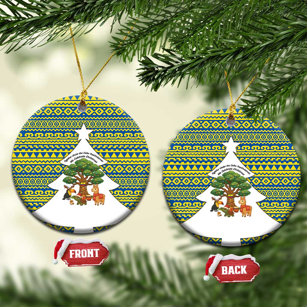 Ecuador Christmas Ceramic Ornament with Ceibo Tree Llama Toucan and Traditional Yellow Blue Pattern Design - Wonder Print Shop