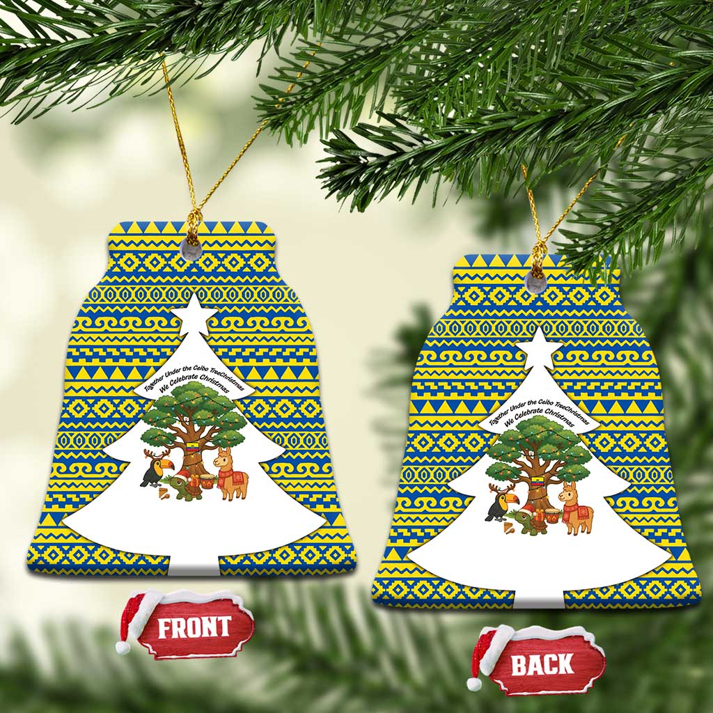 Ecuador Christmas Ceramic Ornament with Ceibo Tree Llama Toucan and Traditional Yellow Blue Pattern Design - Wonder Print Shop