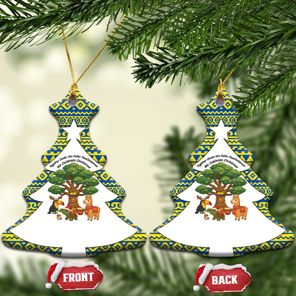 Ecuador Christmas Ceramic Ornament with Ceibo Tree Llama Toucan and Traditional Yellow Blue Pattern Design - Wonder Print Shop