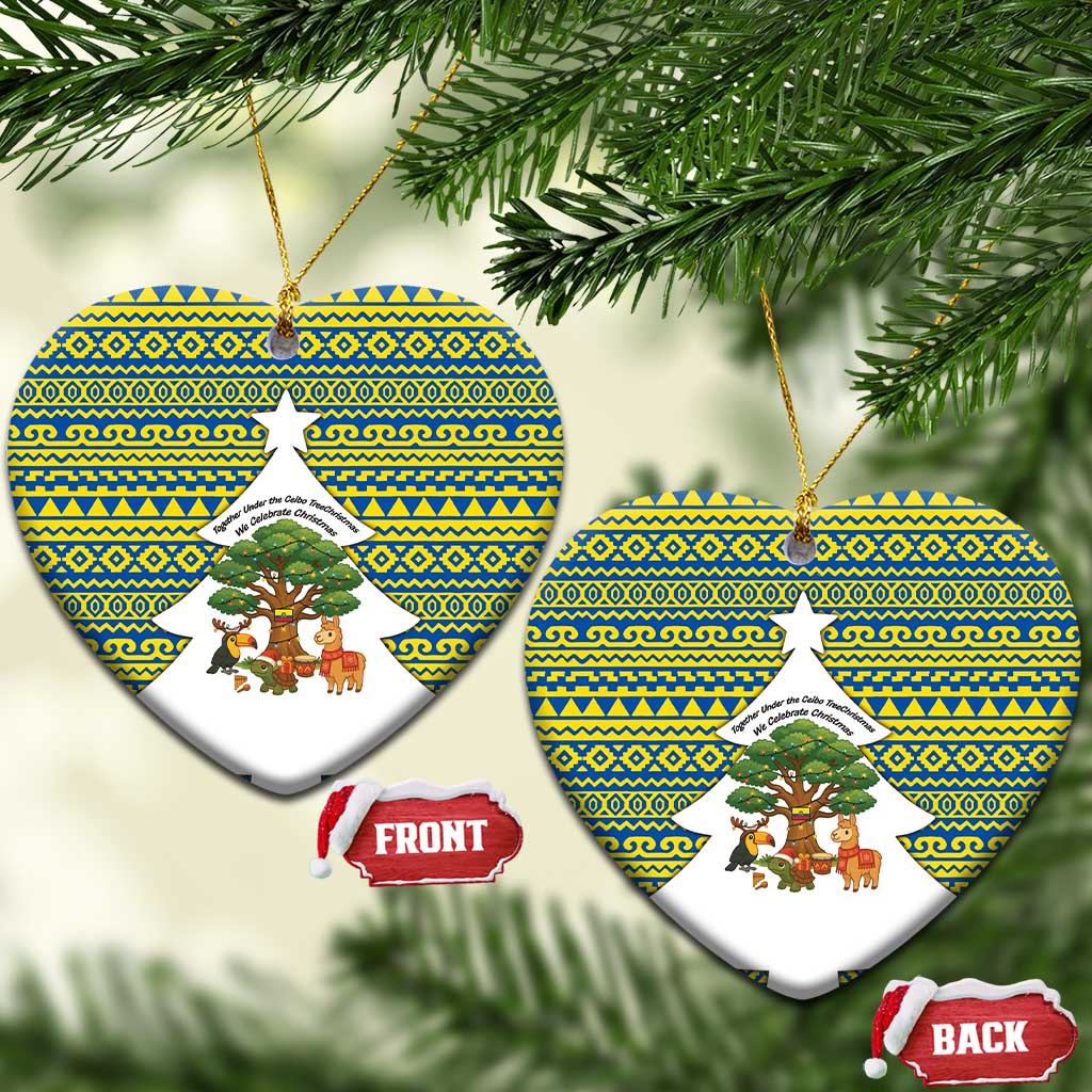 Ecuador Christmas Ceramic Ornament with Ceibo Tree Llama Toucan and Traditional Yellow Blue Pattern Design - Wonder Print Shop