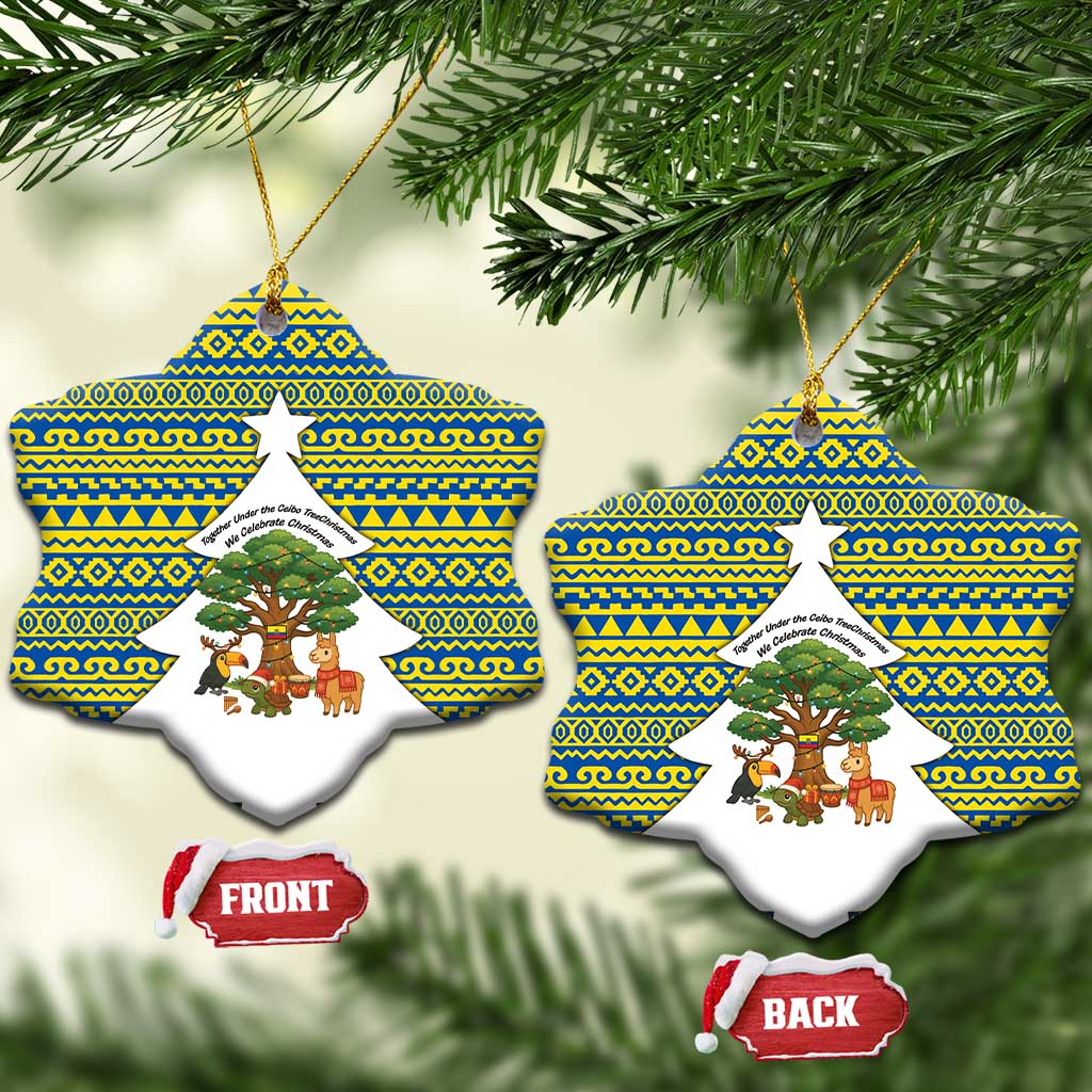 Ecuador Christmas Ceramic Ornament with Ceibo Tree Llama Toucan and Traditional Yellow Blue Pattern Design - Wonder Print Shop