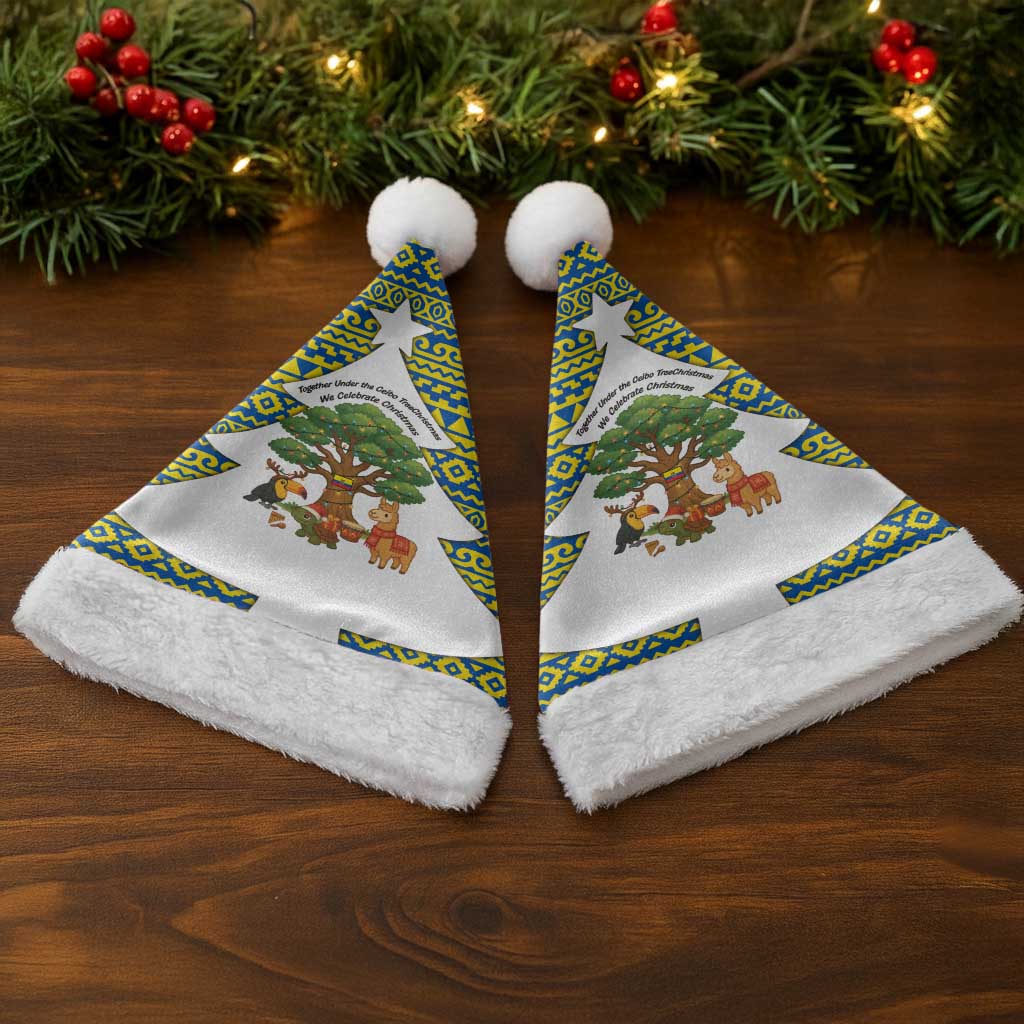 Ecuador Christmas Santa Hat with Ceibo Tree Llama Toucan and Traditional Yellow Blue Pattern Design - Wonder Print Shop