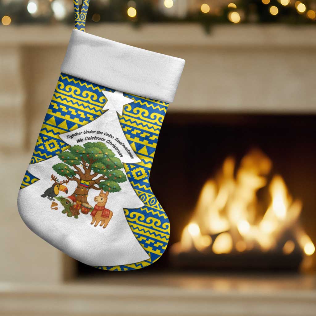 Ecuador Christmas Stocking with Ceibo Tree Llama Toucan and Traditional Yellow Blue Pattern Design - Wonder Print Shop