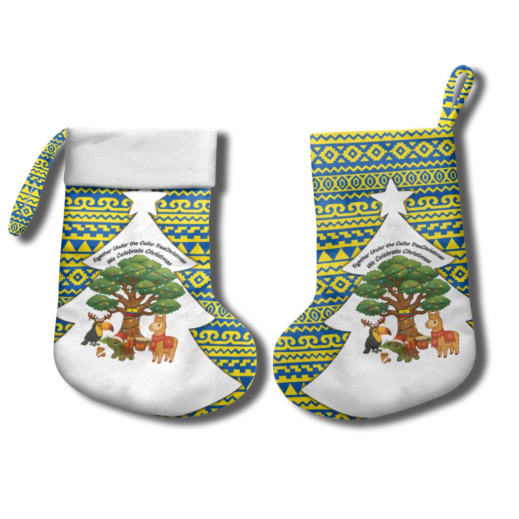 Ecuador Christmas Stocking with Ceibo Tree Llama Toucan and Traditional Yellow Blue Pattern Design - Wonder Print Shop