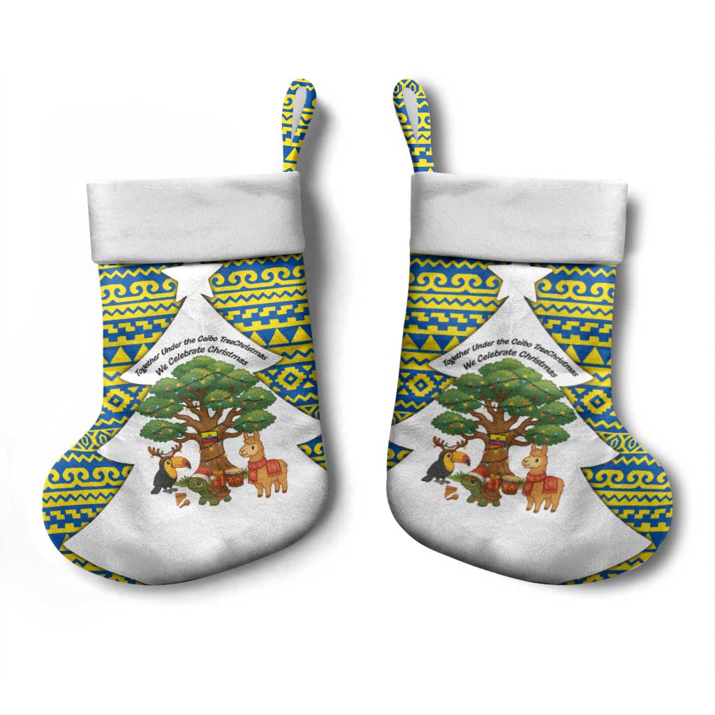 Ecuador Christmas Stocking with Ceibo Tree Llama Toucan and Traditional Yellow Blue Pattern Design - Wonder Print Shop