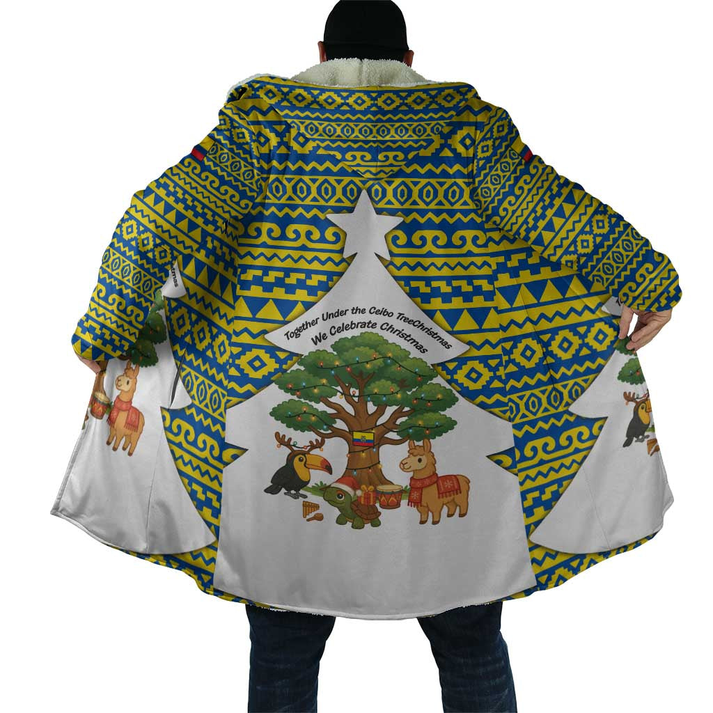 Ecuador Christmas Cloak with Ceibo Tree Llama Toucan and Traditional Yellow Blue Pattern Design - Wonder Print Shop