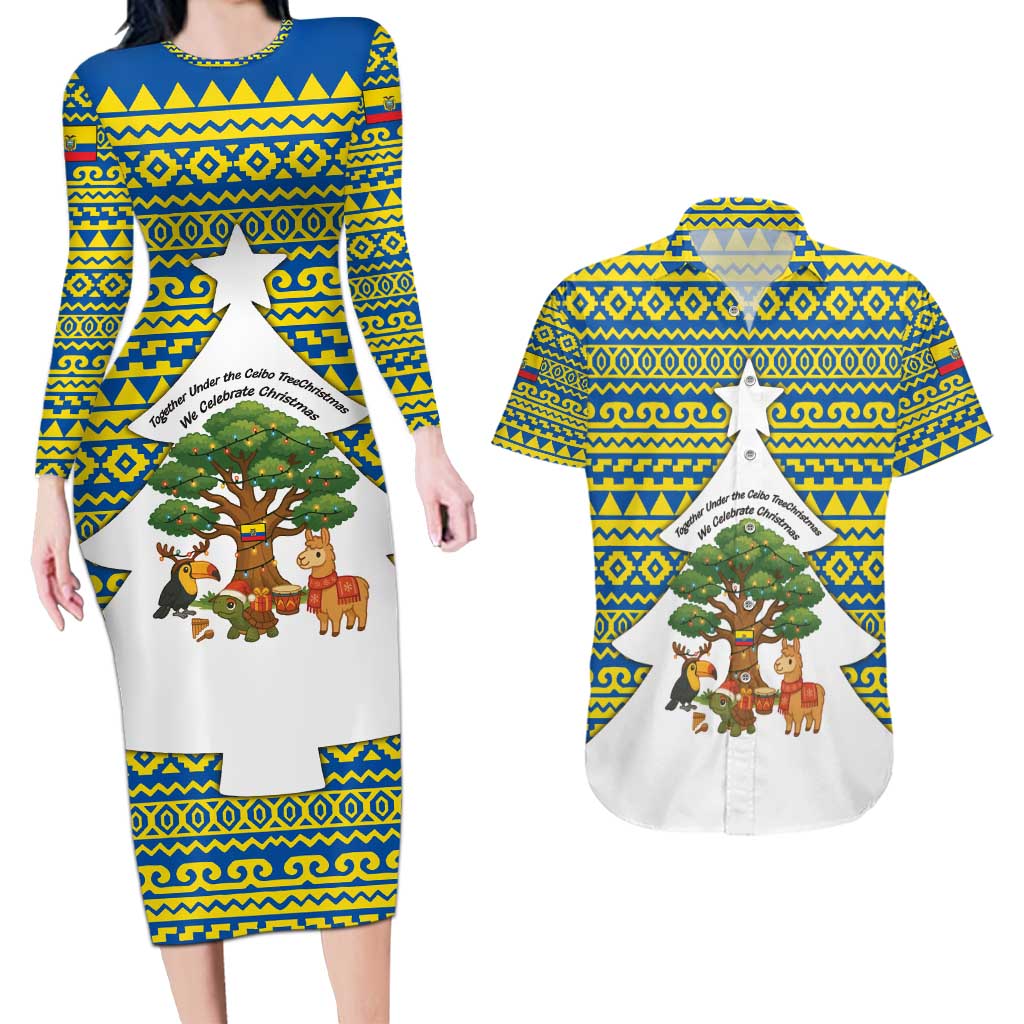 Ecuador Christmas Couples Matching Long Sleeve Bodycon Dress and Hawaiian Shirt with Ceibo Tree Llama Toucan and Traditional Yellow Blue Pattern Design - Wonder Print Shop
