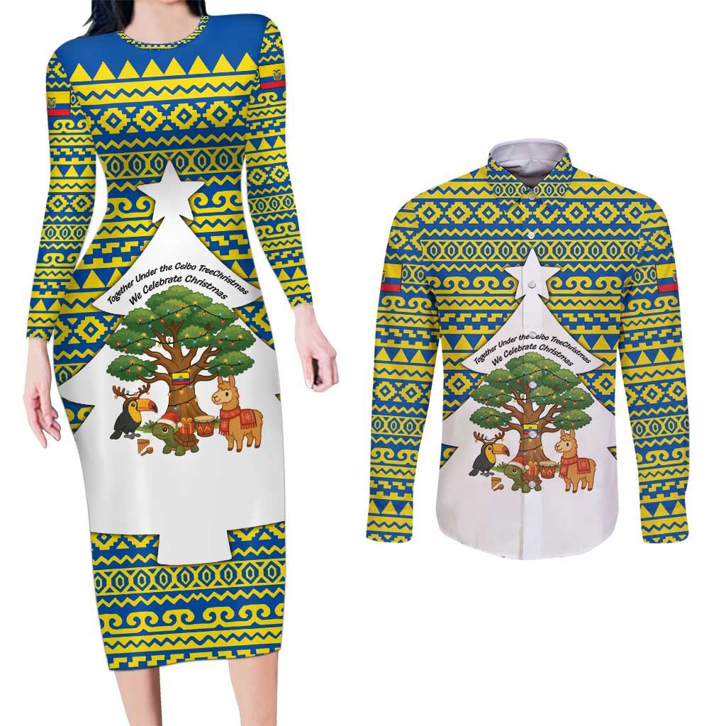Ecuador Christmas Couples Matching Long Sleeve Bodycon Dress and Long Sleeve Button Shirt with Ceibo Tree Llama Toucan and Traditional Yellow Blue Pattern Design - Wonder Print Shop