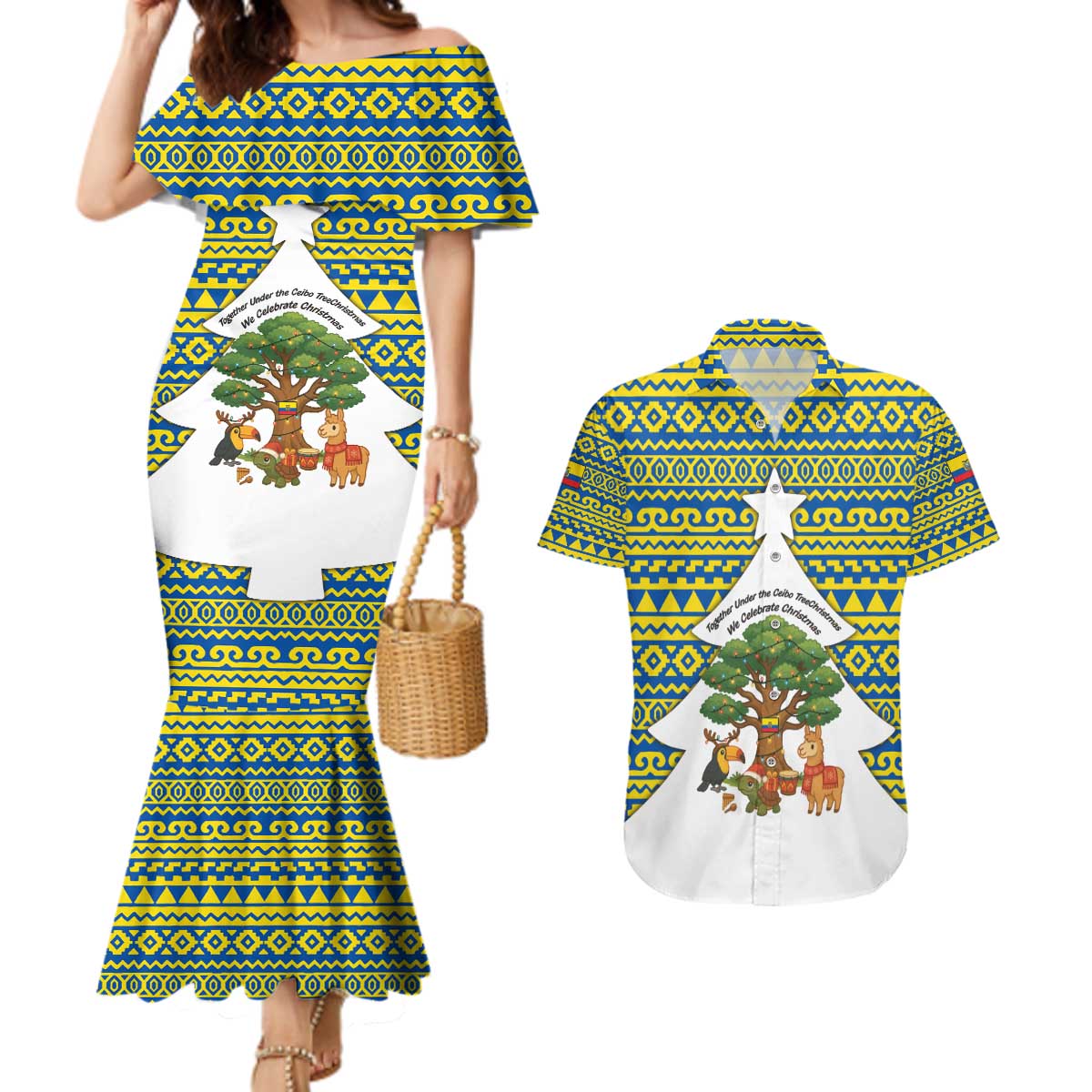Ecuador Christmas Couples Matching Mermaid Dress and Hawaiian Shirt with Ceibo Tree Llama Toucan and Traditional Yellow Blue Pattern Design - Wonder Print Shop