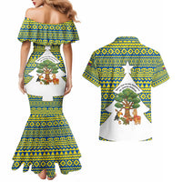 Ecuador Christmas Couples Matching Mermaid Dress and Hawaiian Shirt with Ceibo Tree Llama Toucan and Traditional Yellow Blue Pattern Design - Wonder Print Shop