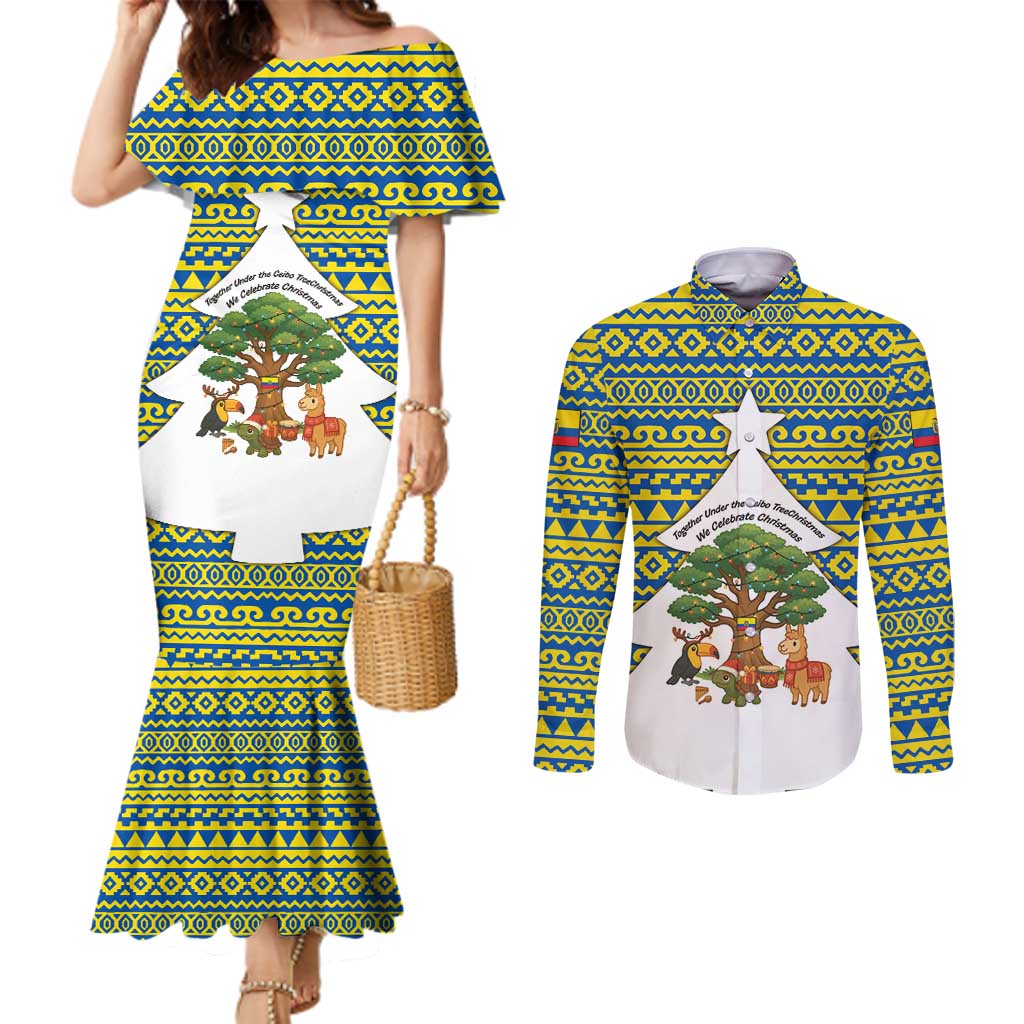 Ecuador Christmas Couples Matching Mermaid Dress and Long Sleeve Button Shirt with Ceibo Tree Llama Toucan and Traditional Yellow Blue Pattern Design - Wonder Print Shop