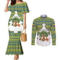 Ecuador Christmas Couples Matching Mermaid Dress and Long Sleeve Button Shirt with Ceibo Tree Llama Toucan and Traditional Yellow Blue Pattern Design - Wonder Print Shop