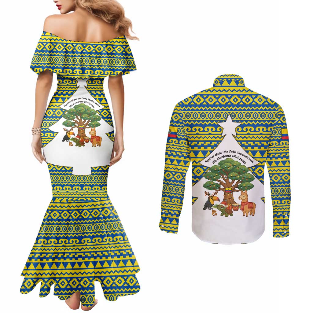 Ecuador Christmas Couples Matching Mermaid Dress and Long Sleeve Button Shirt with Ceibo Tree Llama Toucan and Traditional Yellow Blue Pattern Design - Wonder Print Shop