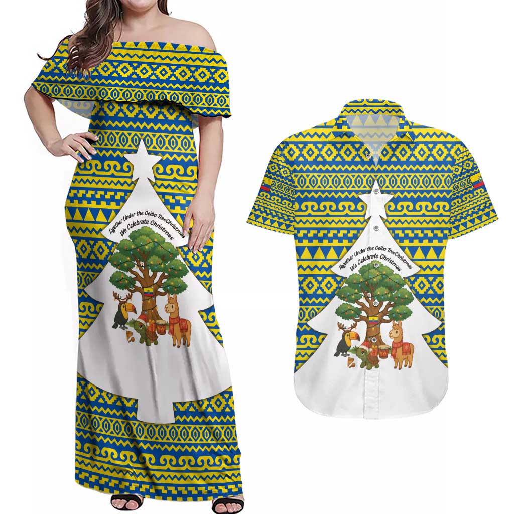 Ecuador Christmas Couples Matching Off Shoulder Maxi Dress and Hawaiian Shirt with Ceibo Tree Llama Toucan and Traditional Yellow Blue Pattern Design - Wonder Print Shop