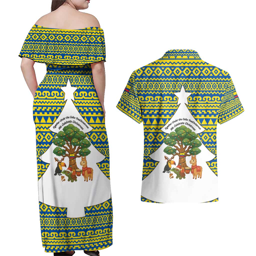 Ecuador Christmas Couples Matching Off Shoulder Maxi Dress and Hawaiian Shirt with Ceibo Tree Llama Toucan and Traditional Yellow Blue Pattern Design - Wonder Print Shop