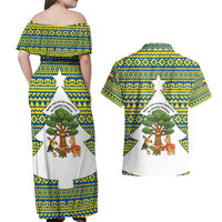 Ecuador Christmas Couples Matching Off Shoulder Maxi Dress and Hawaiian Shirt with Ceibo Tree Llama Toucan and Traditional Yellow Blue Pattern Design - Wonder Print Shop