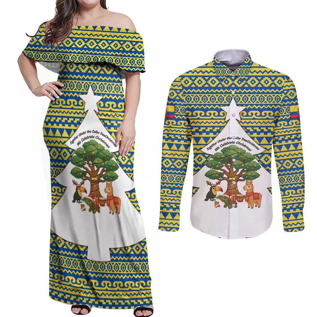 Ecuador Christmas Couples Matching Off Shoulder Maxi Dress and Long Sleeve Button Shirt with Ceibo Tree Llama Toucan and Traditional Yellow Blue Pattern Design - Wonder Print Shop