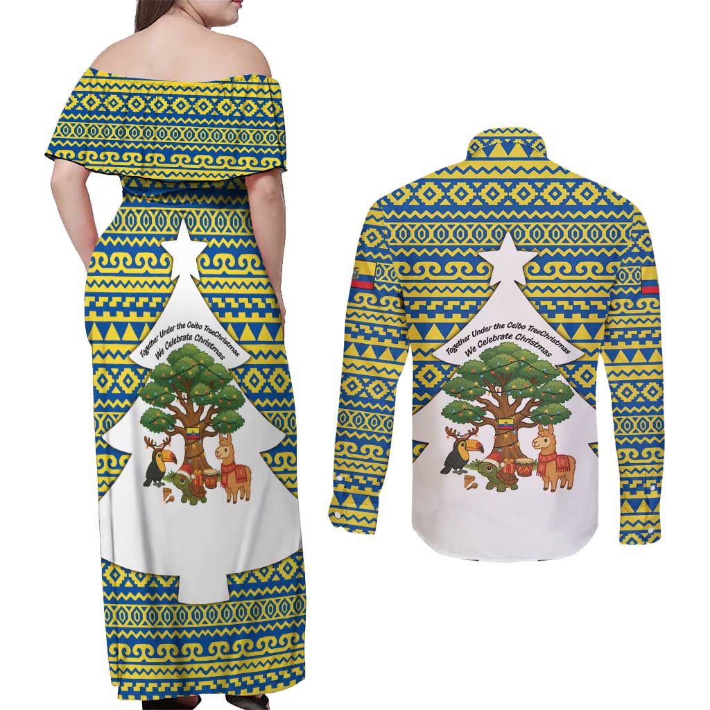 Ecuador Christmas Couples Matching Off Shoulder Maxi Dress and Long Sleeve Button Shirt with Ceibo Tree Llama Toucan and Traditional Yellow Blue Pattern Design - Wonder Print Shop