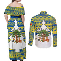 Ecuador Christmas Couples Matching Off Shoulder Maxi Dress and Long Sleeve Button Shirt with Ceibo Tree Llama Toucan and Traditional Yellow Blue Pattern Design - Wonder Print Shop