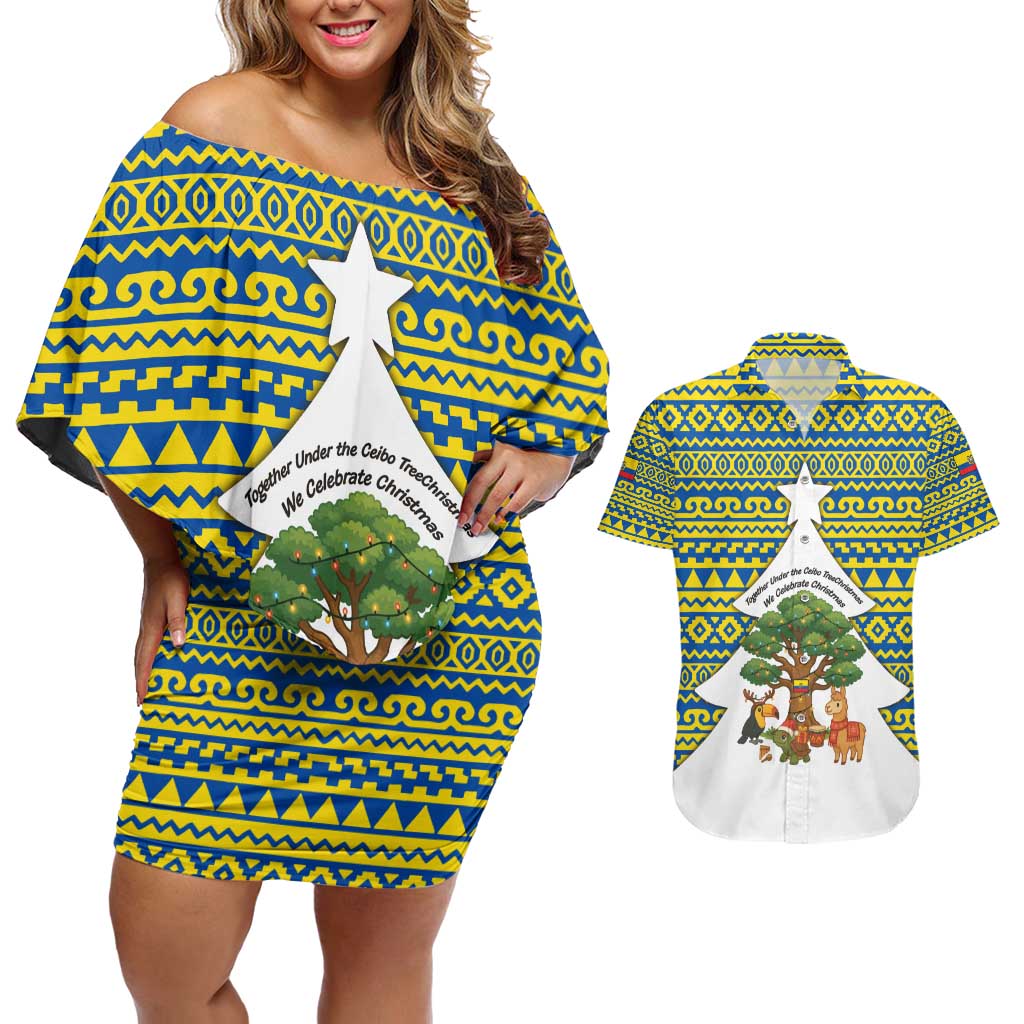 Ecuador Christmas Couples Matching Off Shoulder Short Dress and Hawaiian Shirt with Ceibo Tree Llama Toucan and Traditional Yellow Blue Pattern Design - Wonder Print Shop