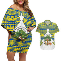 Ecuador Christmas Couples Matching Off Shoulder Short Dress and Hawaiian Shirt with Ceibo Tree Llama Toucan and Traditional Yellow Blue Pattern Design - Wonder Print Shop