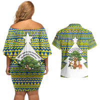 Ecuador Christmas Couples Matching Off Shoulder Short Dress and Hawaiian Shirt with Ceibo Tree Llama Toucan and Traditional Yellow Blue Pattern Design - Wonder Print Shop