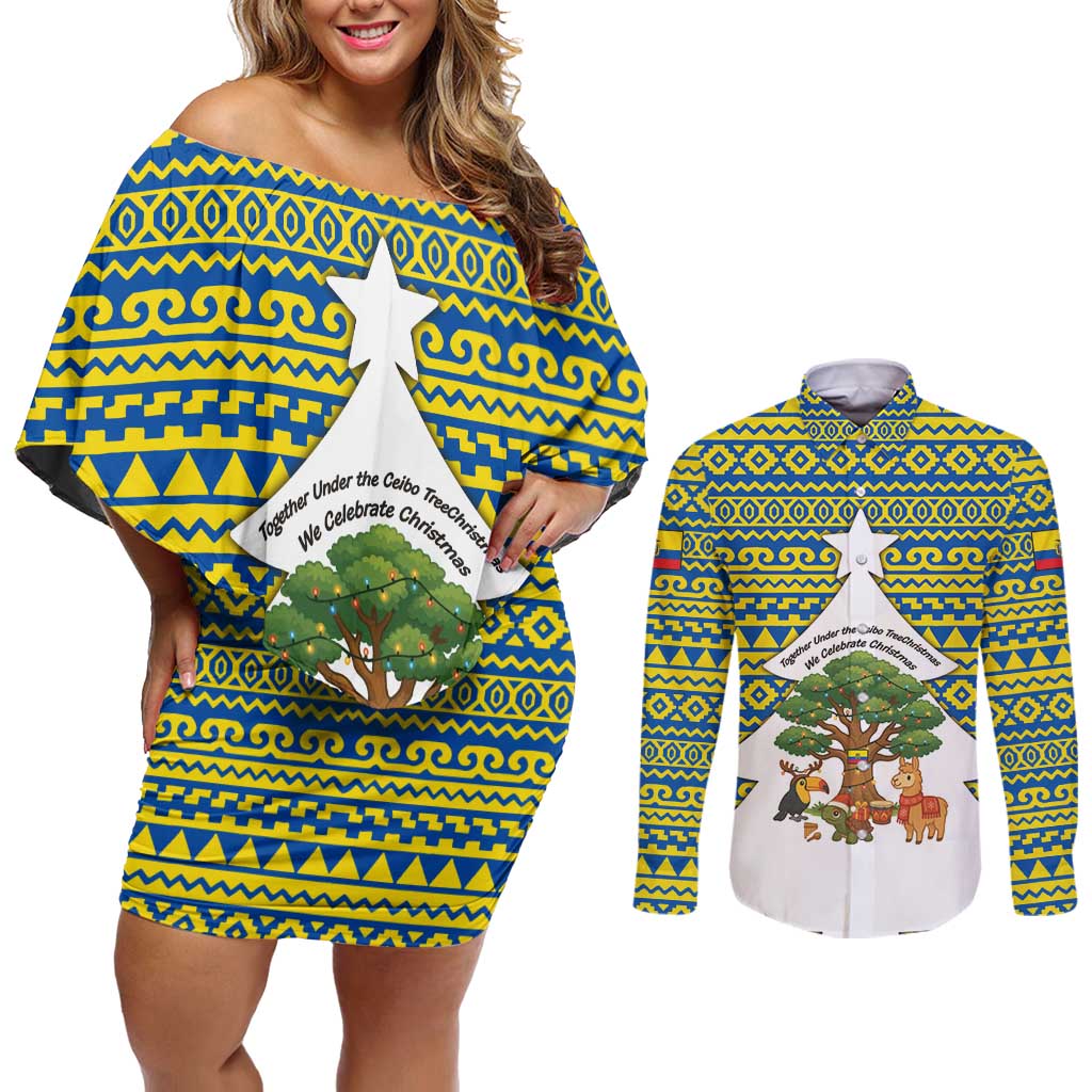 Ecuador Christmas Couples Matching Off Shoulder Short Dress and Long Sleeve Button Shirt with Ceibo Tree Llama Toucan and Traditional Yellow Blue Pattern Design - Wonder Print Shop