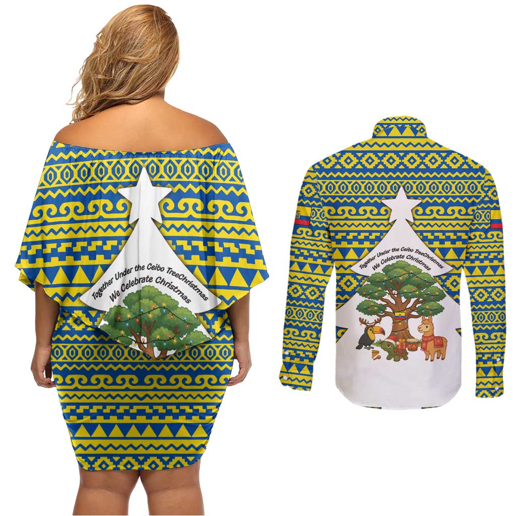 Ecuador Christmas Couples Matching Off Shoulder Short Dress and Long Sleeve Button Shirt with Ceibo Tree Llama Toucan and Traditional Yellow Blue Pattern Design - Wonder Print Shop