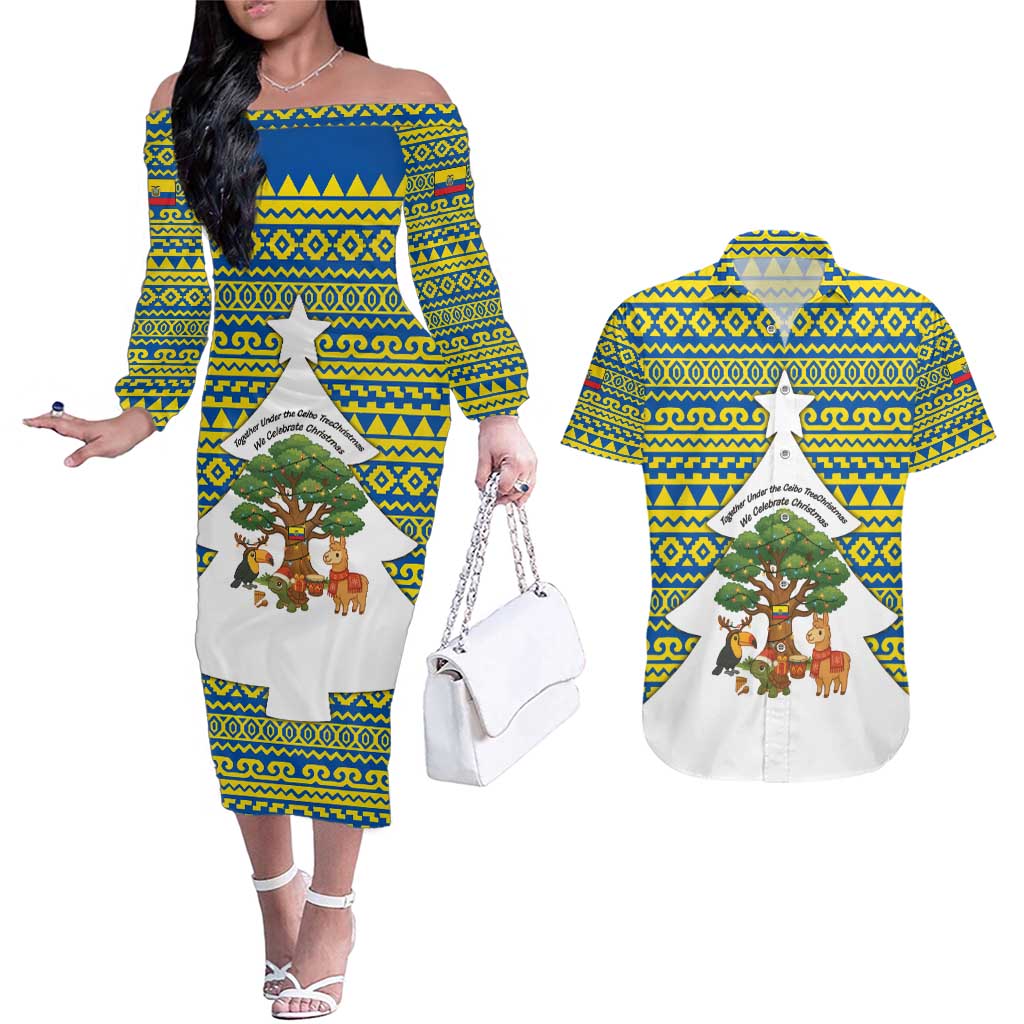 Ecuador Christmas Couples Matching Off The Shoulder Long Sleeve Dress and Hawaiian Shirt with Ceibo Tree Llama Toucan and Traditional Yellow Blue Pattern Design - Wonder Print Shop