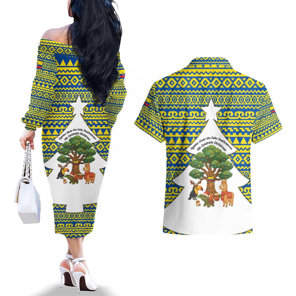 Ecuador Christmas Couples Matching Off The Shoulder Long Sleeve Dress and Hawaiian Shirt with Ceibo Tree Llama Toucan and Traditional Yellow Blue Pattern Design - Wonder Print Shop
