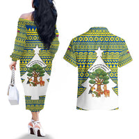 Ecuador Christmas Couples Matching Off The Shoulder Long Sleeve Dress and Hawaiian Shirt with Ceibo Tree Llama Toucan and Traditional Yellow Blue Pattern Design - Wonder Print Shop