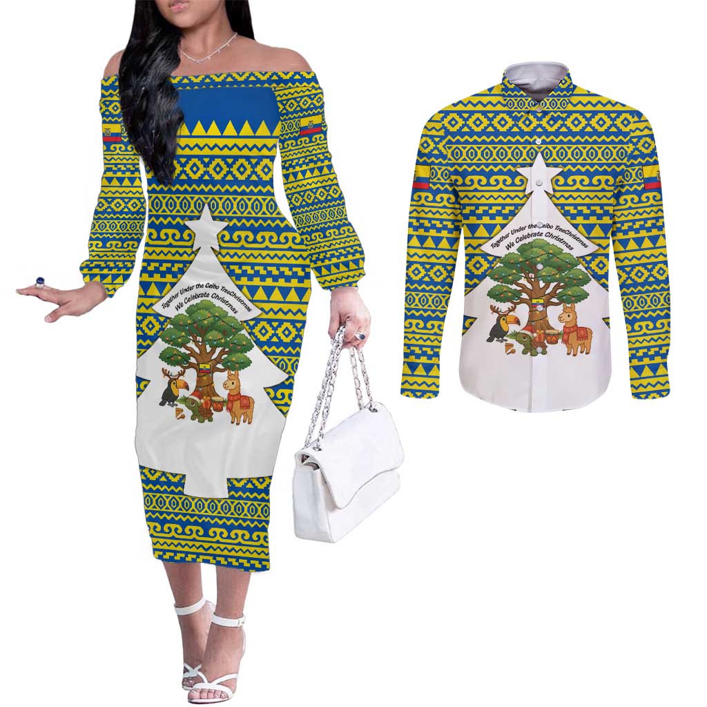 Ecuador Christmas Couples Matching Off The Shoulder Long Sleeve Dress and Long Sleeve Button Shirt with Ceibo Tree Llama Toucan and Traditional Yellow Blue Pattern Design - Wonder Print Shop